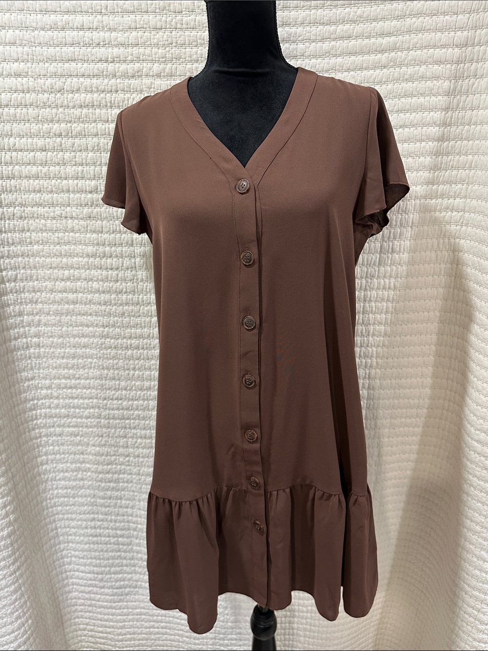 Brown Button-Front Ruffle-Hem Dress